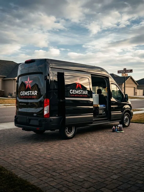Mobile detailing van arriving at Crimson Point neighborhood driveway in Kuna