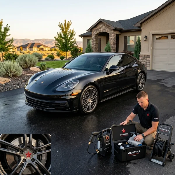 Ceramic coating result on black luxury sedan in Kuna driveway